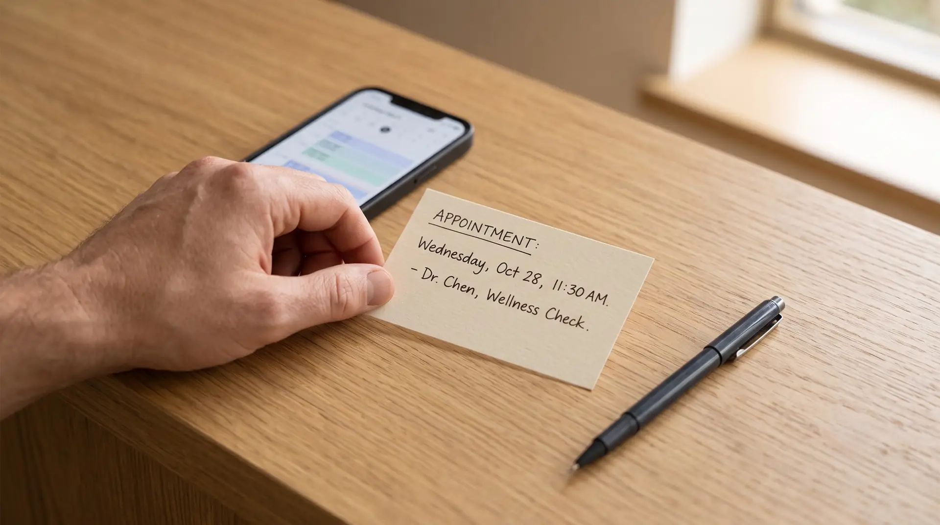 A hand next to a phone showing a calendar and a skin check appointment card